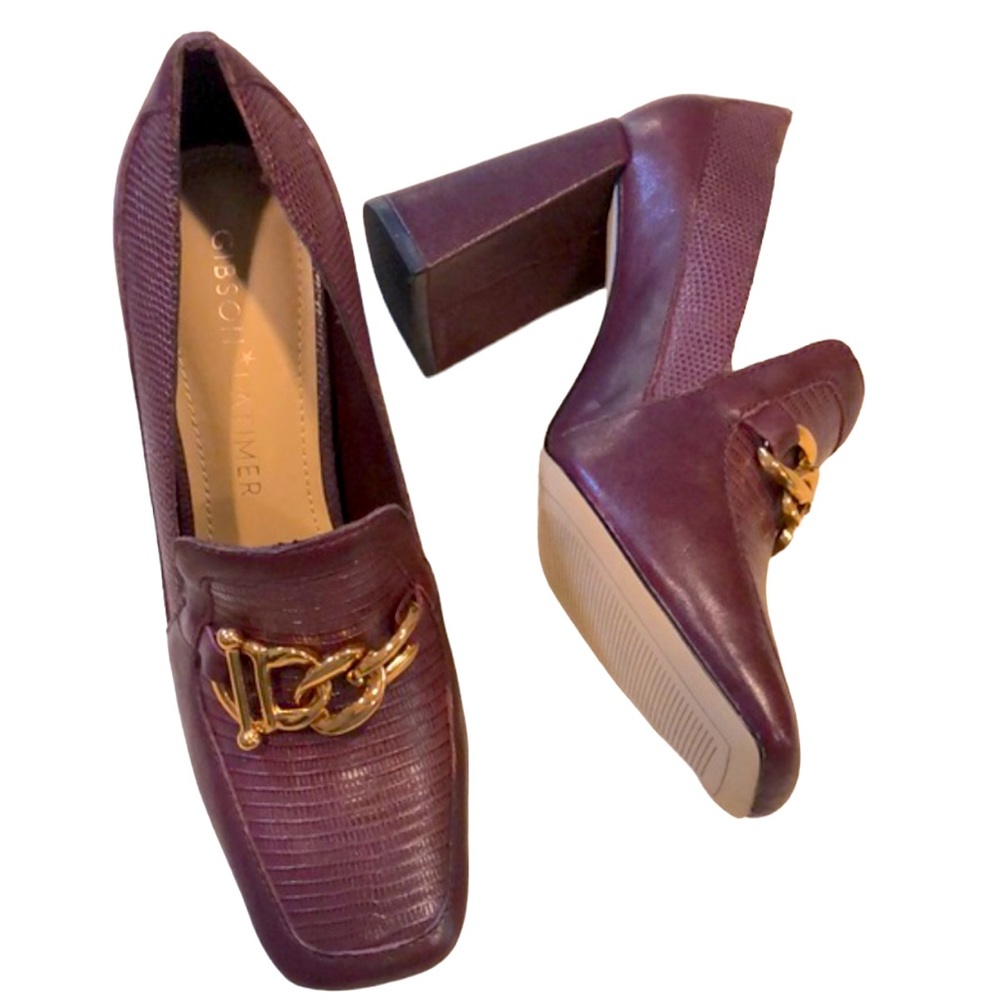 GIBSON & LATIMER RITAH LIZARD EMBOSSED GOAT LEATHER BLOCK HEELS DARK RED SIZE 7